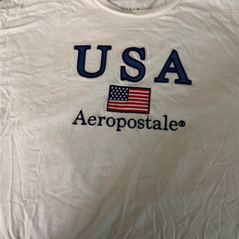 Aeropostale White Tee with Olympic USA Letters and Red Accent Flag
